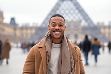 Cheerful african american man in coat walking in Paris