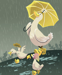 illustration of mother duck accompanying ducklings to play in the rain