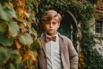Portrait of a boy in a coat and bow tie on a background of green ivy
