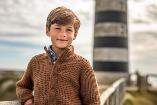 Portrait of a boy standing by a lighthouse on a sunny day