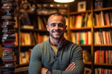 Fototapeta premium Portrait of a smiling man standing with arms crossed in a library