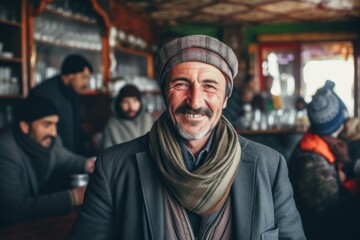 Portrait of a senior man sitting in a coffee shop and smiling.