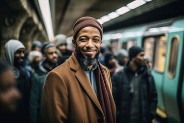Medium shot portrait photography of a pleased man in his 30s that is wearing hijab against a packed subway car during a rush hour background .  Generative AI