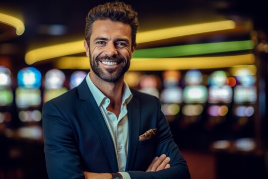 Portrait of handsome businessman standing with arms crossed in casino at night