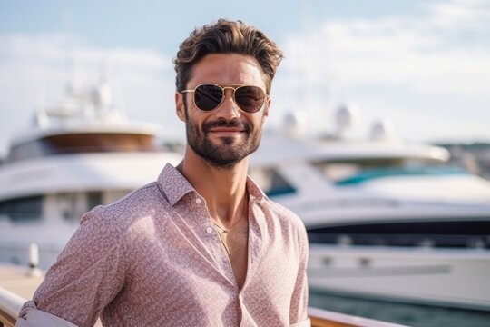 Portrait of a handsome young man in sunglasses standing on a yacht deck