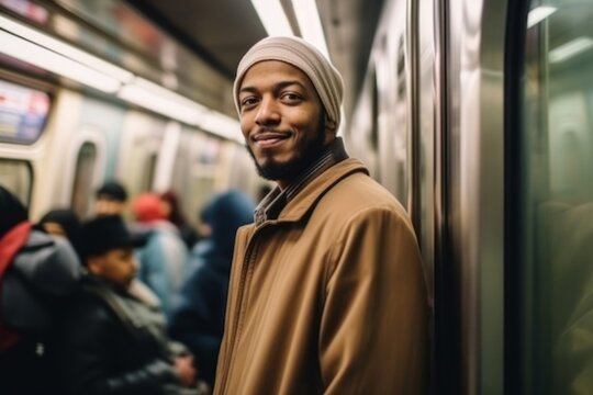 Medium shot portrait photography of a pleased man in his 30s that is wearing hijab against a packed subway car during a rush hour background .  Generative AI