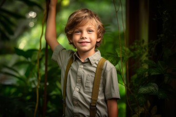 Portrait of a cute little boy in the garden. Education concept.