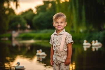 Portrait of a little boy in the park on a background of ducks.