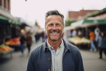 Fototapeta premium Medium shot portrait photography of a pleased man in his 40s that is wearing a chic cardigan against a bustling farmer's market background . Generative AI
