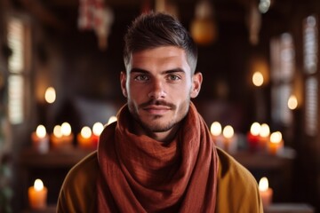 Obraz premium Portrait of handsome man in red scarf standing in cafe and looking at camera