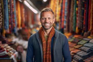 Obraz premium Portrait of a smiling man standing in a shop with colorful fabrics