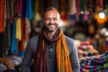 Medium shot portrait photography of a pleased man in his 40s that is wearing a chic cardigan against a bustling trader's market with colorful fabrics and spices background .  Generative AI