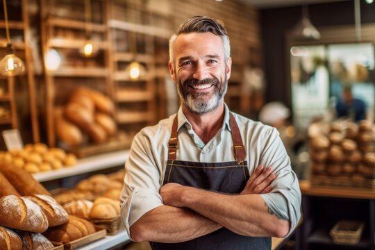 Portrait of smiling mature male baker standing with arms crossed in bakery