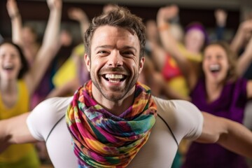 Medium shot portrait photography of a satisfied man in his 30s that is wearing a charming scarf against an energetic zumba class with participants dancing background .  Generative AI