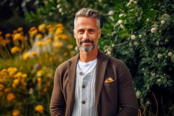 Medium shot portrait photography of a pleased man in his 40s that is wearing a chic cardigan against a garden or botanical background .  Generative AI