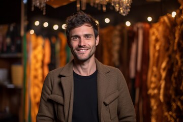 Fototapeta premium Portrait of a handsome young man in a coat in a shop