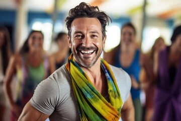 Portrait of smiling man standing in fitness studio with friends in background
