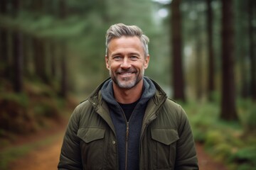 Naklejka na ściany i meble Medium shot portrait photography of a pleased man in his 40s that is wearing a chic cardigan against a forest background . Generative AI