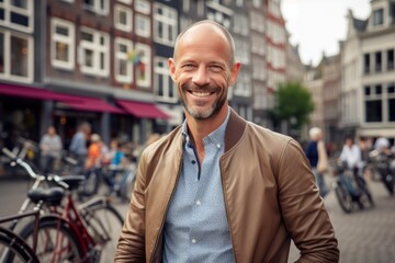 Medium shot portrait photography of a pleased man in his 40s that is wearing a chic cardigan against a group bike tour through a city's highlights background .  Generative AI