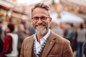 Medium shot portrait photography of a pleased man in his 40s that is wearing a chic cardigan against a lively oktoberfest celebration with attendees in traditional attire background .  Generative AI
