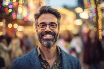 Medium shot portrait photography of a pleased man in his 40s that is wearing a chic cardigan against a lively brazilian carnival with performers background .  Generative AI