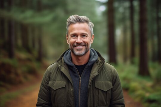 Medium shot portrait photography of a pleased man in his 40s that is wearing a chic cardigan against a forest background .  Generative AI