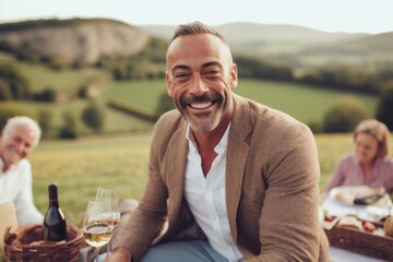 Smiling mature man with a glass of white wine sitting on a table in a vineyard