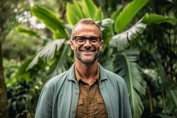 Portrait of handsome mature man with eyeglasses in the jungle