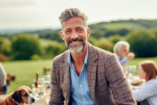 Medium shot portrait photography of a pleased man in his 40s that is wearing a chic cardigan against a scenic countryside picnic with friends and family background .  Generative AI