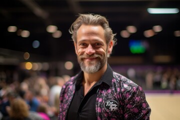 Obraz premium Medium shot portrait photography of a pleased man in his 40s that is wearing a chic cardigan against a thrilling roller derby match with fierce competitors background . Generative AI