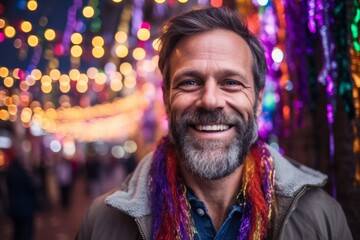 Fototapeta premium Medium shot portrait photography of a pleased man in his 40s that is wearing a chic cardigan against a vibrant and lively mardi gras celebration background . Generative AI