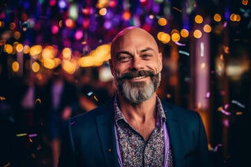 Medium shot portrait photography of a pleased man in his 40s that is wearing a chic cardigan against a vibrant and lively mardi gras celebration background .  Generative AI