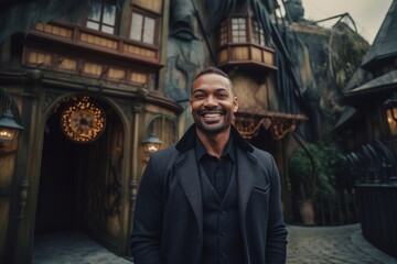 Obraz na płótnie Canvas Medium shot portrait photography of a satisfied man in his 30s that is wearing a chic cardigan against a thrilling haunted house attraction with brave visitors background . Generative AI