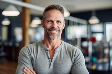 Obraz premium Portrait of smiling mature man standing with arms crossed in fitness studio