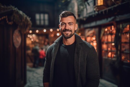 Medium shot portrait photography of a satisfied man in his 30s that is wearing a chic cardigan against a thrilling haunted house attraction with brave visitors background .  Generative AI