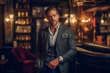 Fototapeta premium Medium shot portrait photography of a satisfied man in his 30s that is wearing a chic cardigan against an atmospheric speakeasy bar with vintage decor background . Generative AI