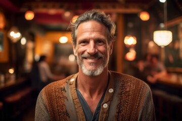 Obraz premium Medium shot portrait photography of a pleased man in his 40s that is wearing a cozy sweater against a lively flamenco performance in a spanish taverna background . Generative AI