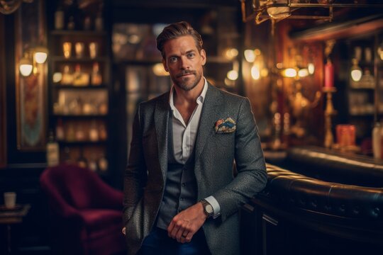 Medium shot portrait photography of a satisfied man in his 30s that is wearing a chic cardigan against an atmospheric speakeasy bar with vintage decor background .  Generative AI