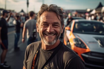 Fototapeta premium Medium shot portrait photography of a pleased man in his 40s that is wearing a sporty tank top against an exciting race car event with pit crews working background . Generative AI