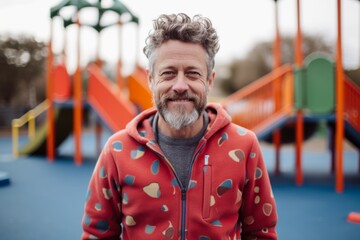 Obraz premium Handsome middle-aged man with gray hair and beard in a red jacket on the playground