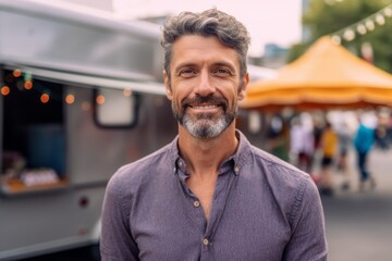 Obraz premium Portrait of a handsome middle-aged man with gray hair smiling at the camera while standing in front of a food truck