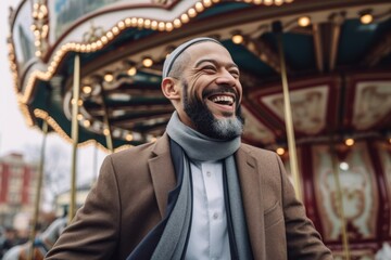 Fototapeta na wymiar Medium shot portrait photography of a pleased man in his 40s that is wearing hijab against an old-fashioned carousel in motion at a city square background . Generative AI