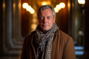 Fototapeta premium Portrait of a senior man in a coat and scarf at night