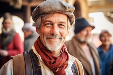 Obraz premium Portrait of senior man in cap and scarf standing at market stall
