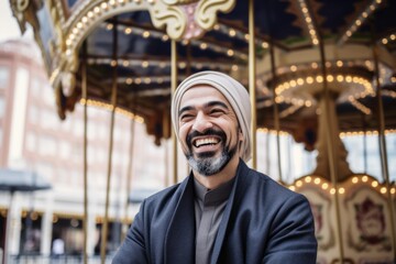 Obraz na płótnie Canvas Medium shot portrait photography of a pleased man in his 40s that is wearing hijab against an old-fashioned carousel in motion at a city square background . Generative AI