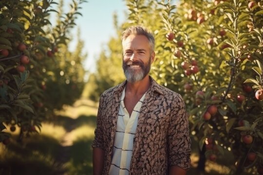 Medium shot portrait photography of a pleased man in his 40s that is wearing a trendy jumpsuit against a sunlit apple orchard with ripe apples on trees background .  Generative AI