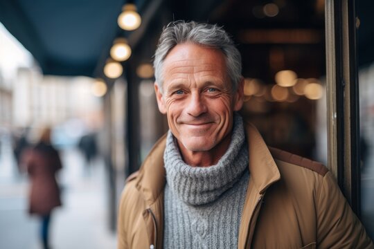 Medium Shot Portrait Photography Of A Pleased Man In His 50s That Is Wearing A Chic Cardigan Against A Parisian Or European Cafe Background .  Generative AI