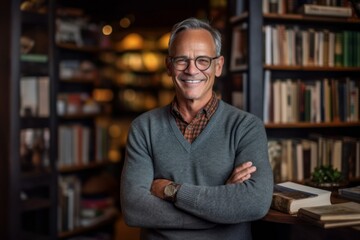 Medium shot portrait photography of a pleased man in his 50s that is wearing a chic cardigan against a cozy bookstore filled with books and readers background . Generative AI