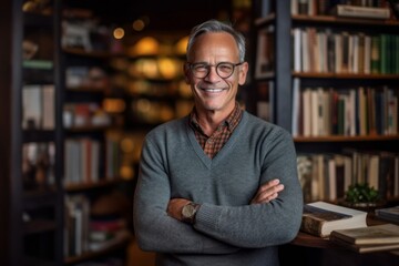 Fototapeta premium Medium shot portrait photography of a pleased man in his 50s that is wearing a chic cardigan against a cozy bookstore filled with books and readers background . Generative AI