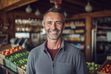 Fototapeta premium Portrait of smiling mature man standing in grocery store and looking at camera